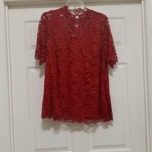 ISAACMIZRAHI LIVE Red Lace  blouse with  buttons  in  back